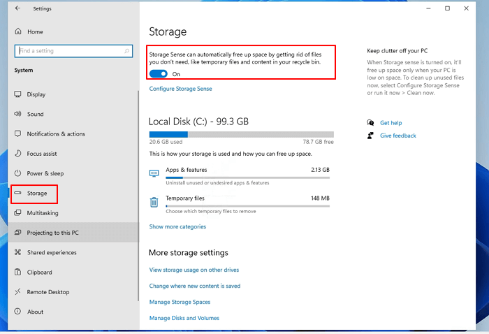 turn on storage sense in Windows 11