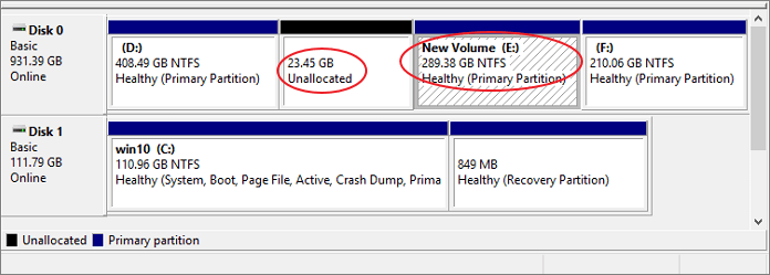 unallocated space is not right behind the drive