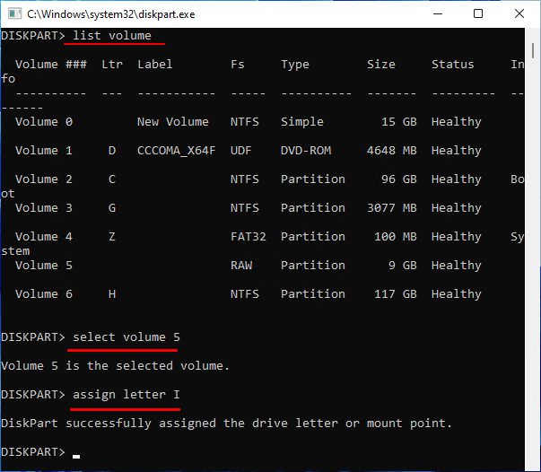 unhide partition via diskpart in Windows 11