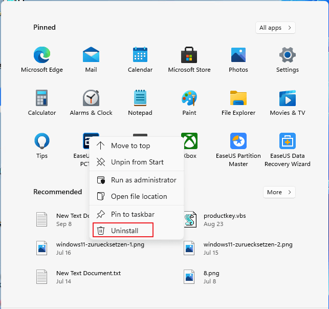 Uninstall from start menu step 1