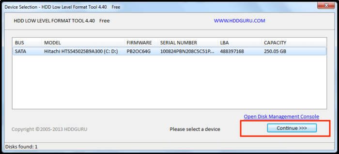 device selection - hdd low-level format tool 4.40