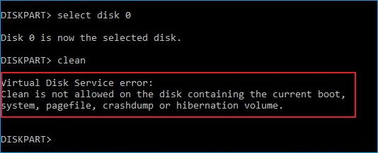 virtual disk service error  clean is not allowed on the disk