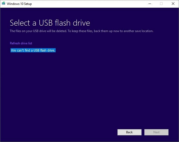 we can't find a usb flash drive windows media creation tool