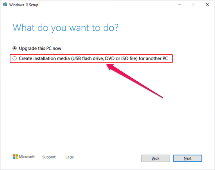 choose create installation media for another pc