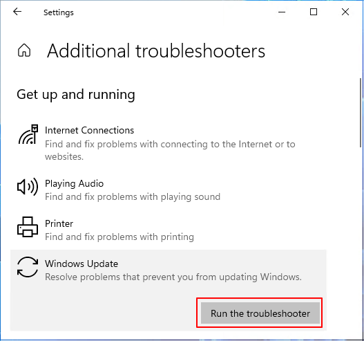 Run Windows update troubleshooter