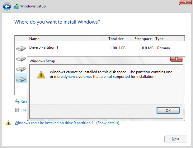 Windows cannot be installed to Disk 0 Partition 1