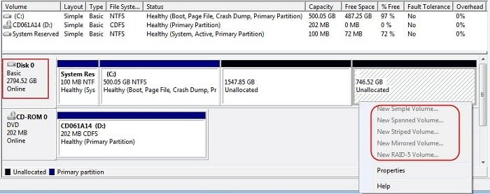 New Simple Volume Greyed-out option in Disk Management.