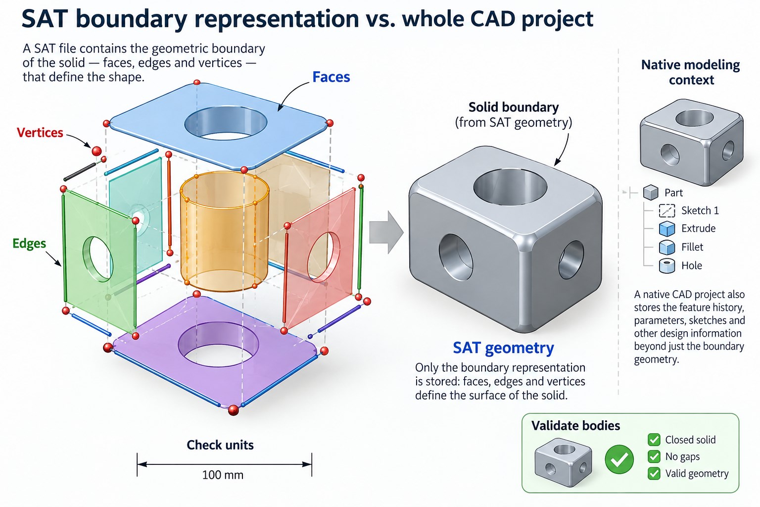 SAT carries boundary-representation geometry; verify bodies and units separately from the native project.