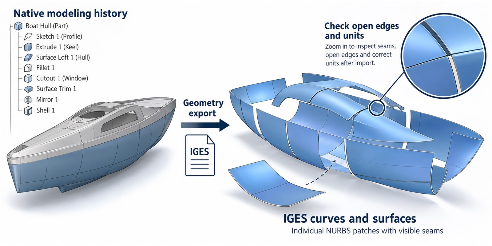 an IGES export exchanges curves and surfaces rather than the complete native modeling history.