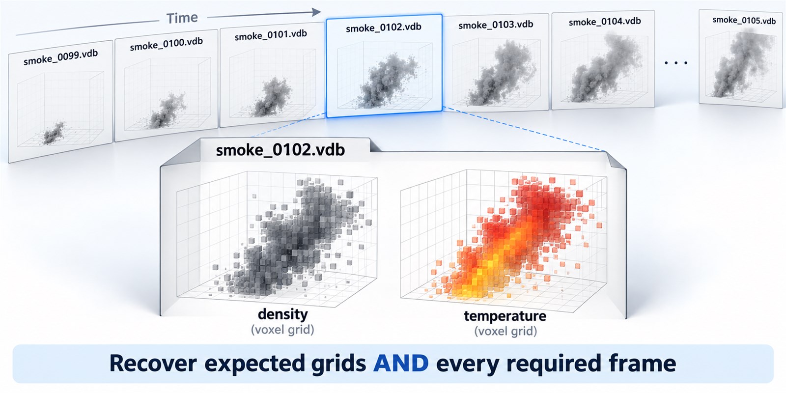 a VDB frame can contain multiple grids, and a simulation may need a complete numbered frame sequence.