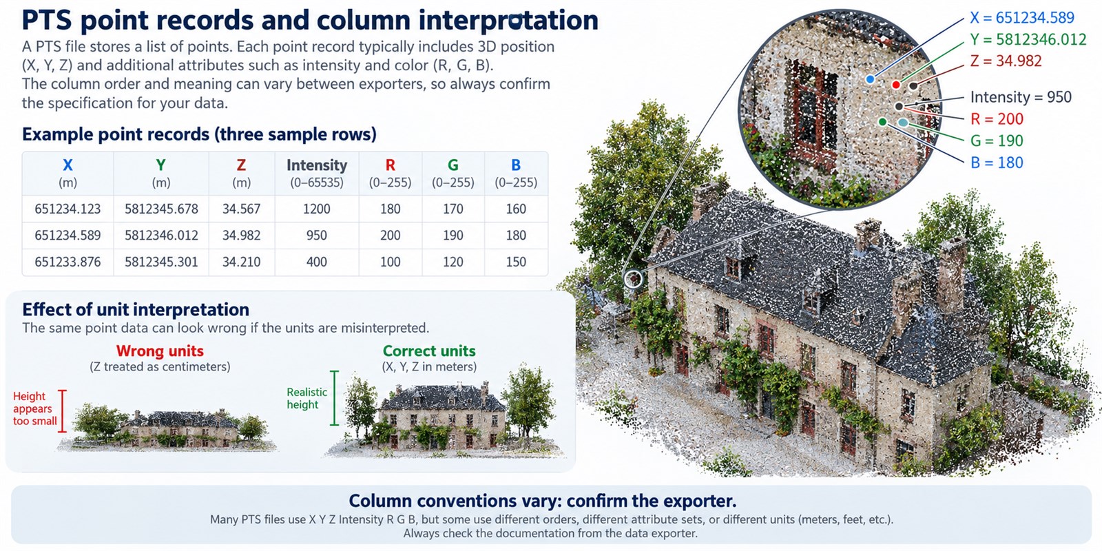 PTS point columns and units must be interpreted according to the exporter's conventions.