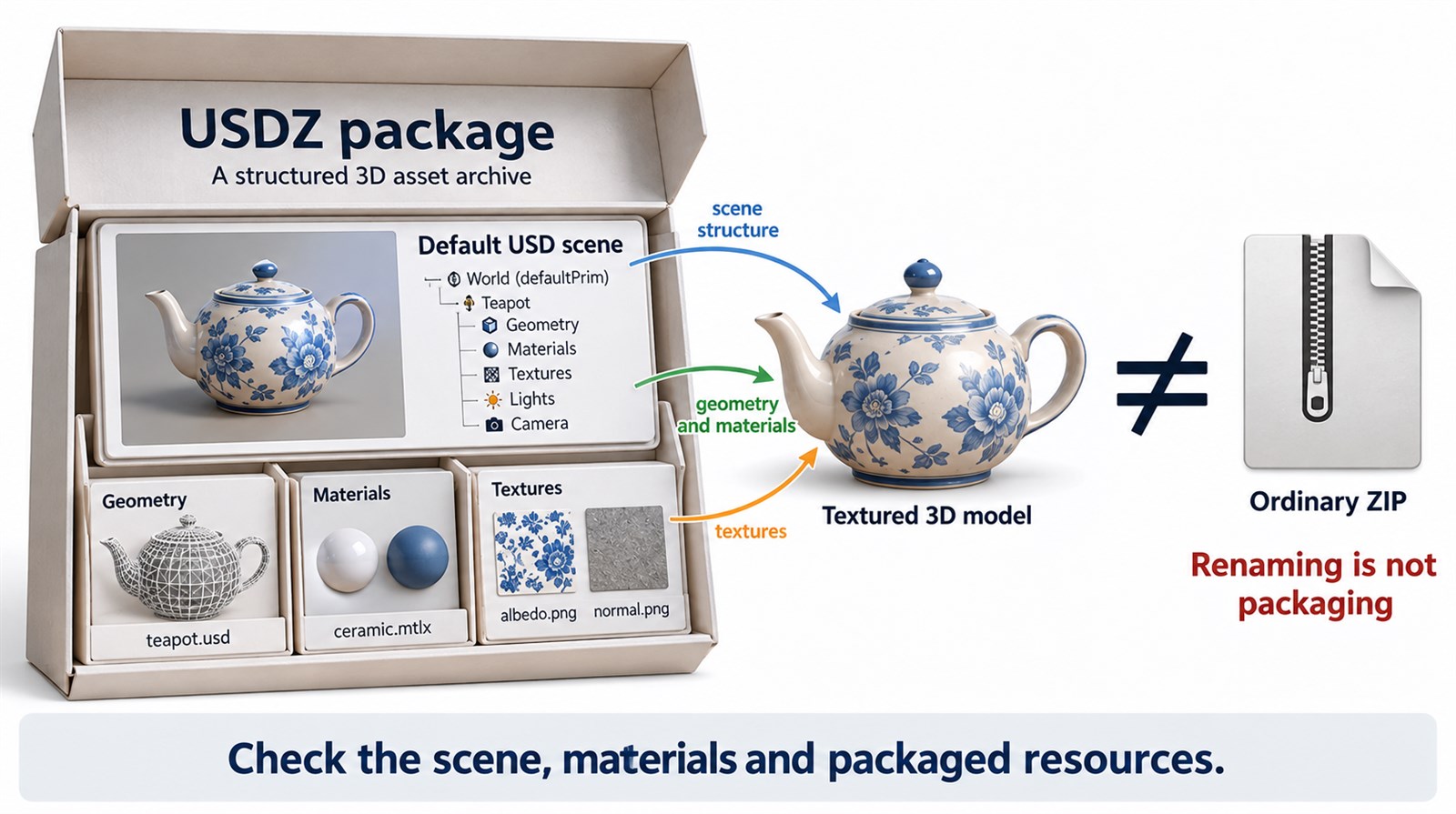 a USDZ package contains a default scene and supported resources; renaming an ordinary ZIP is not sufficient.