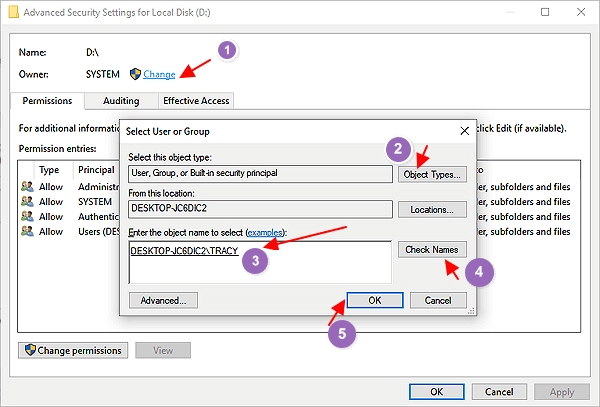 Change owner to take a ownership of target files or folders.