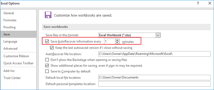 change autorecover settings