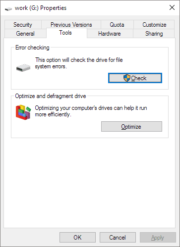 check disk errors in properties
