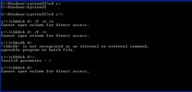 chkdsk cannot open volume for direct access