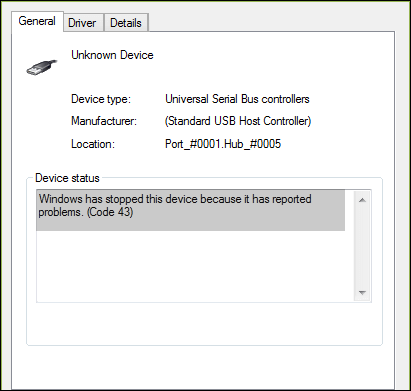 Windows has stopped this device because it has reported problems. (code 43 USB)