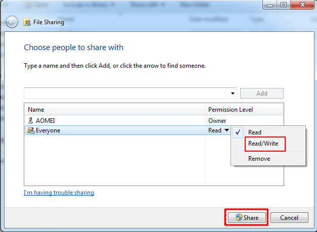 Set acess permission on Windows 7 for shared link.