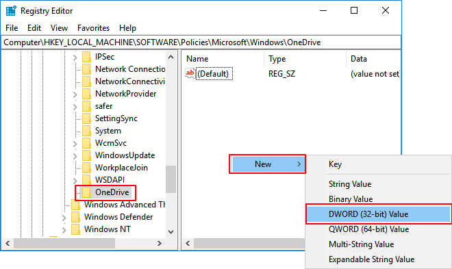 Create OneDrive value key in Registry Editor