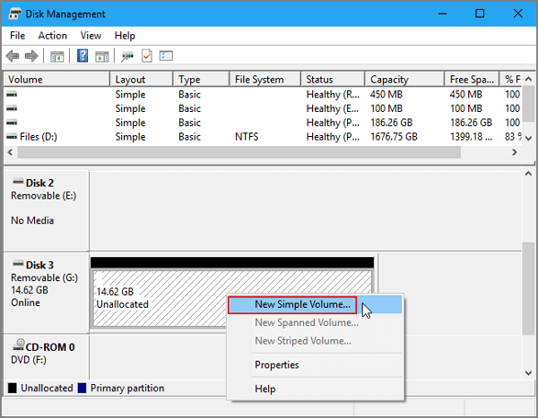 create partition on unallocated space to fix broken usb stick