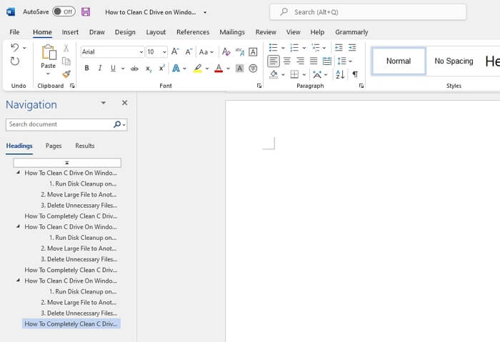 delete a word page at the end