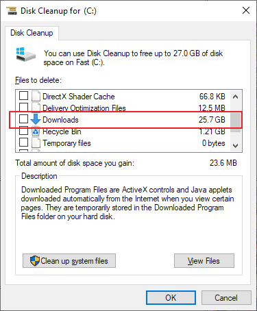 delete files using disk clean up