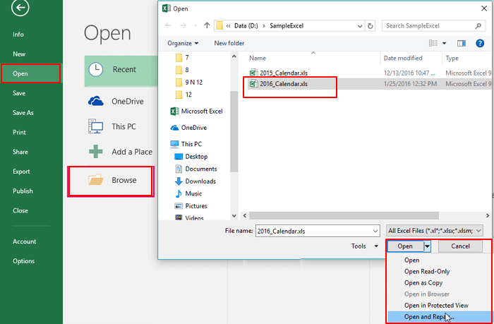 use open and repair tool to repair corrupted macro enabled excel file