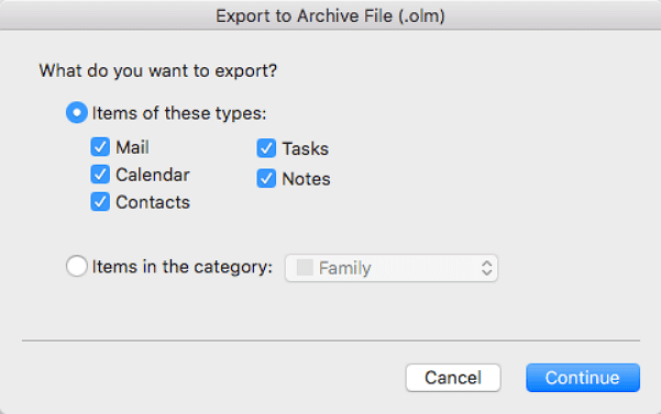 Back up Outlook 2016 on Mac by exporting olm files.