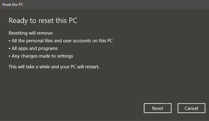 click reset to start the resetting process