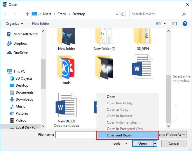 use open and repair to fix severely corrupted word file
