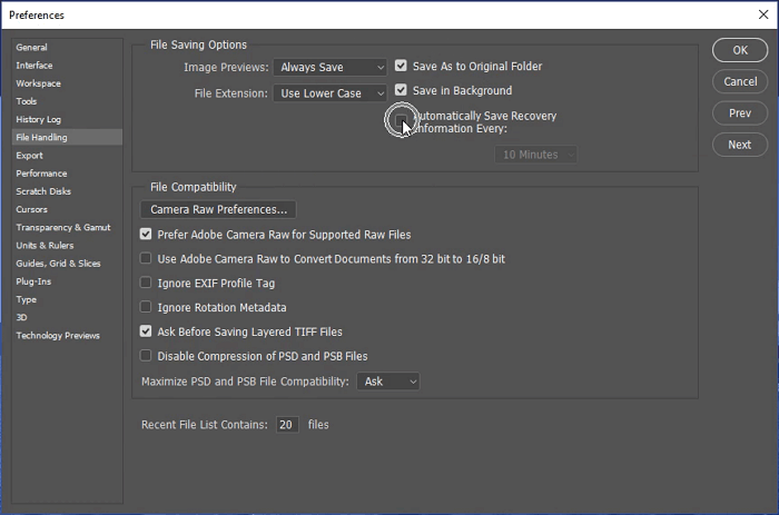 Enable AutoSave in Adobe Photoshop