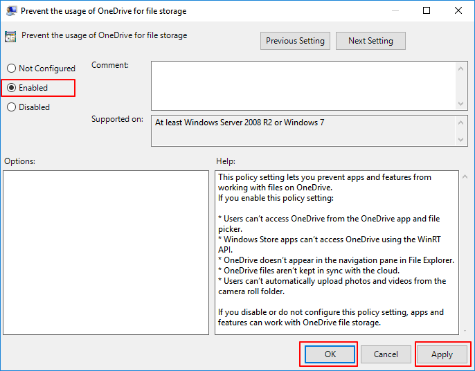 Prevent using OneDrive in Group Policy