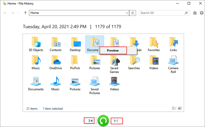 preview files in File History backup