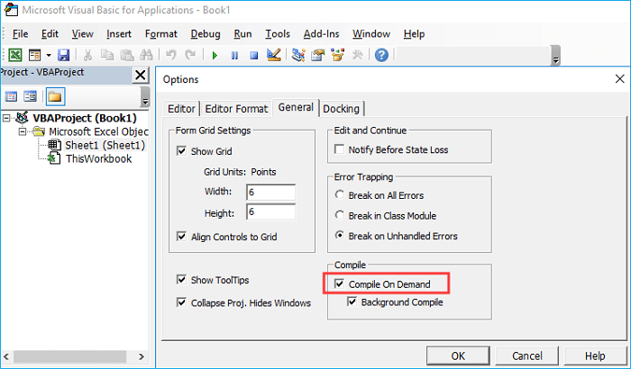 Microsoft excel has stopped working - recompile macros