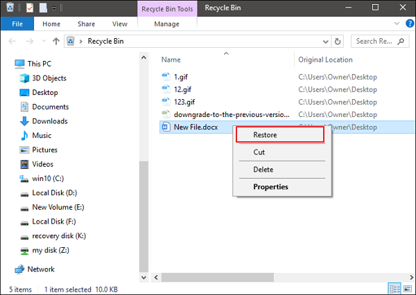 recover deleted file from recycle bin