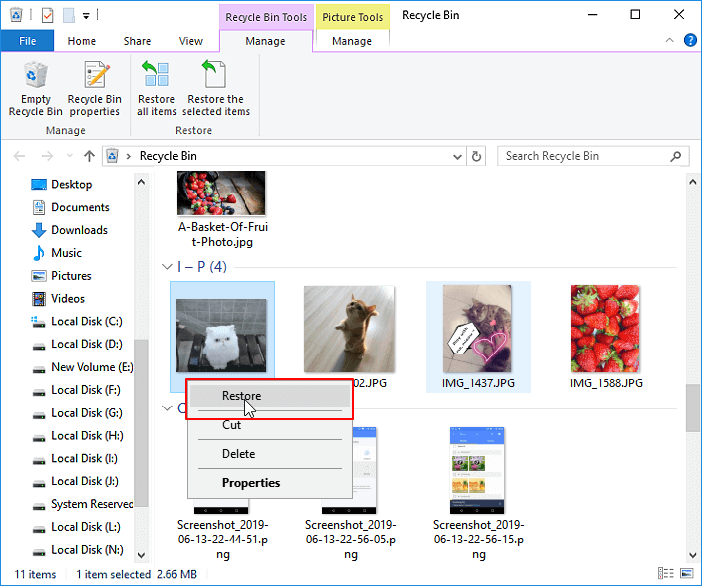 Undelete photos from recycle bin.