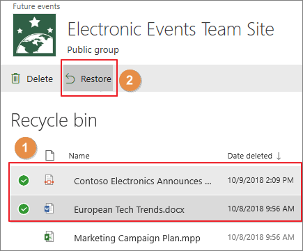 Select Document and Recover from SharePoint Recycle Bin