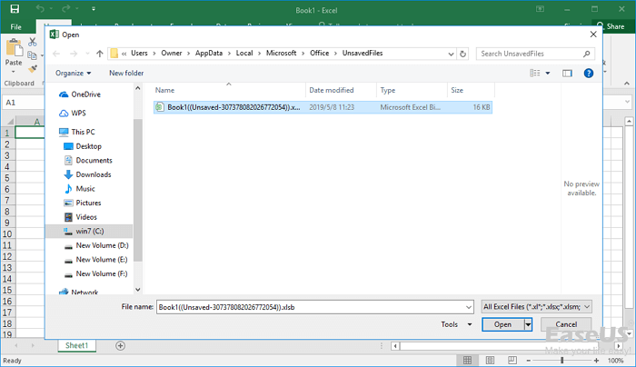 select the unsaved Excel file and recover