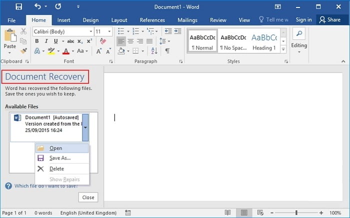 how to recover unsaved Word document