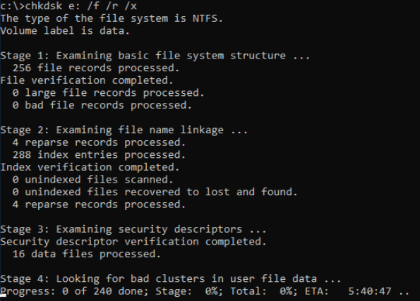 Image of running chkdsk to fix disk error that caused computer won't boot