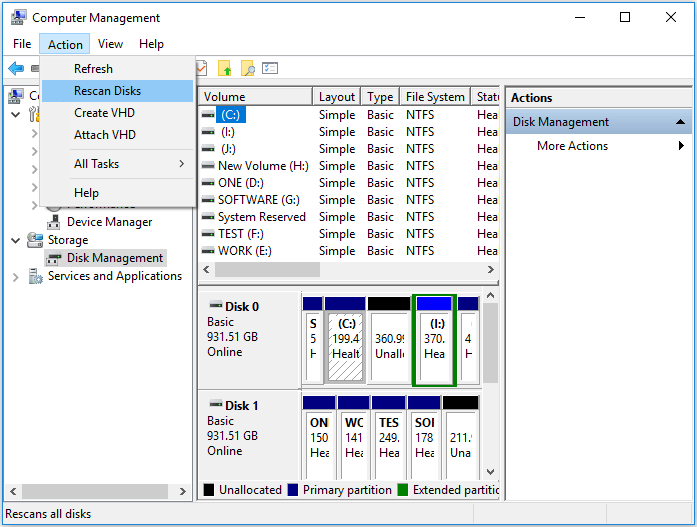 rescan all the disks to locate the missing d drive