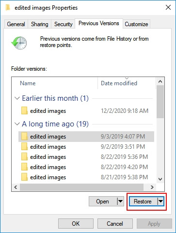 Restore deleted files from previous version