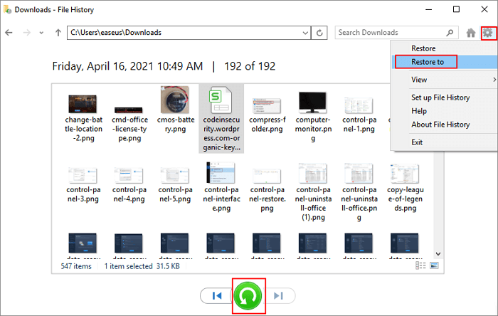 restore your files with file history