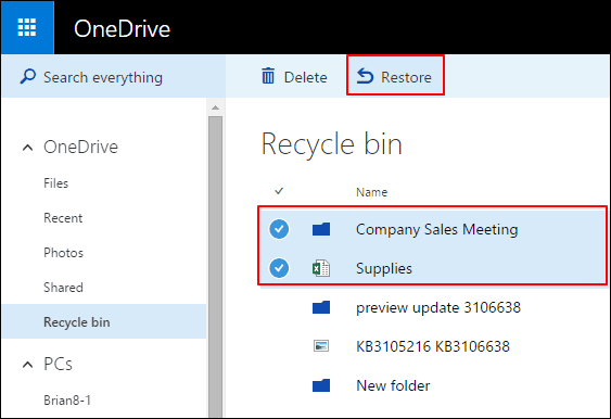 Restore files from onedrive recycle bin