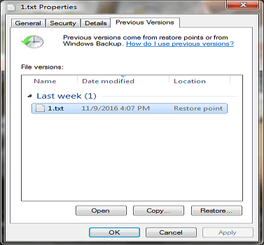restore Windows files from previous versions