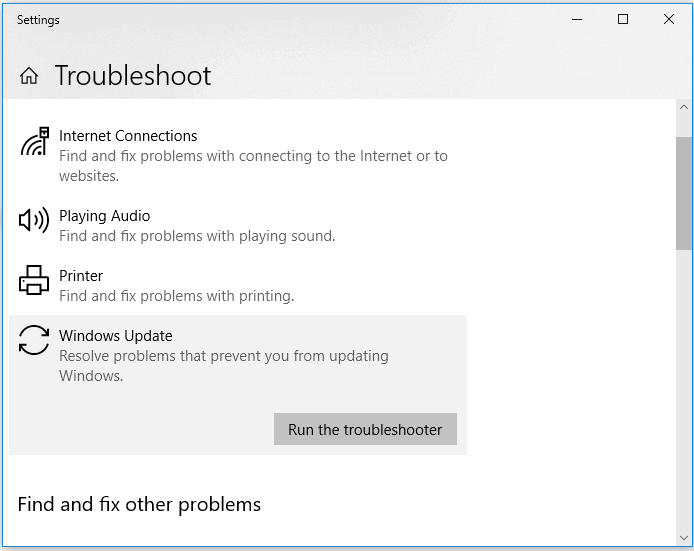 Fix Windows 10 won't shut down - run Windows Update troubleshooter