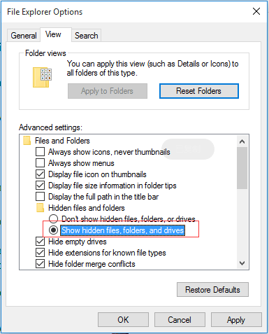 Show hidden files in Windows 10 - View Settings