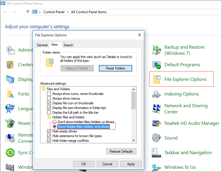 show hidden files and folders to fix a file error has occurred for Word