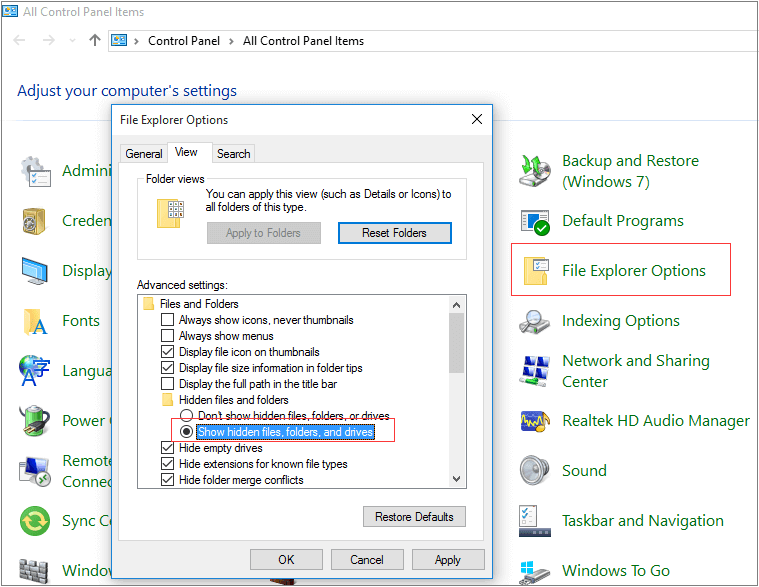 show hidden files using control panel