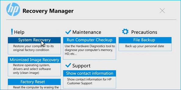 Perform system recovery from HP Boot Menu